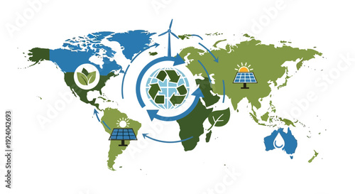 Global Sustainability Map: Earth with Renewable Energy Icons, Recycling Symbol, Solar Panels, Wind Turbine, Leaf, and Water Drop for Environmental Protection.