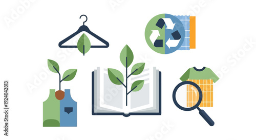 Sustainable Fashion and Textile Production Icons. Eco-Friendly Clothing, Organic Materials, Recycling, and Green Industry Concepts.