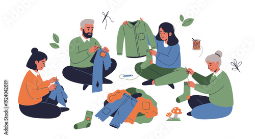 People Mending Clothes and Repairing Garments for Sustainable Fashion. DIY Upcycling, Textile Repair & Reducing Waste.