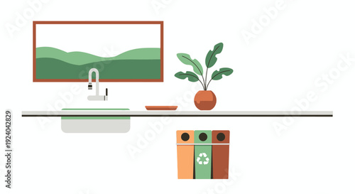 Eco-Friendly Kitchen Counter with Sink, Green Plant, and Recycling Bins Illustration