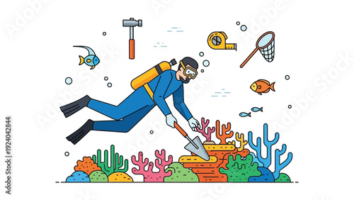 Underwater Archaeologist Exploring Coral Reef with Hammer and Net