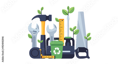 Sustainable Tools, Green Building, and Recycling Concept Illustration
