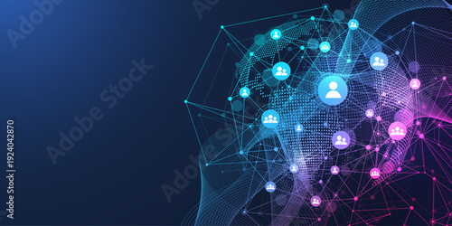 Global network connection concept. Big data visualization. Social network communication in the global computer networks. Internet technology. Business. Science. Vector illustration