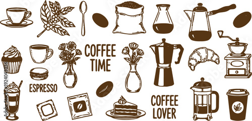 coffee time and coffee lover icons set with various objects