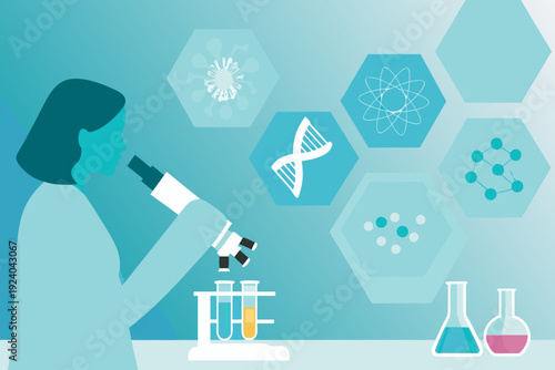Scientist examining a sample under a microscope with scientific imagery