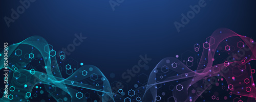 Molecular abstract structure and genetic engineering DNA. Healthcare and medicine background concept. Scientific research background. Wave flow. Innovation pattern. Vector illustration.