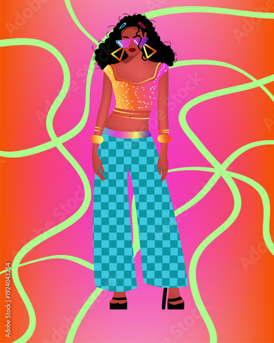 Illustration of a fashionable girl on a red and pink background.