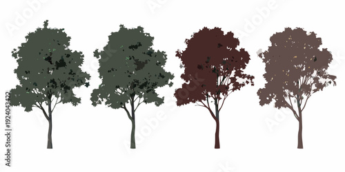 Four stylized trees in varying autumnal colors stand in a row
