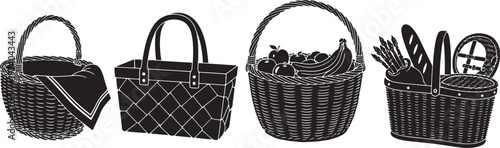Four black and white illustrations of wicker baskets and handbags