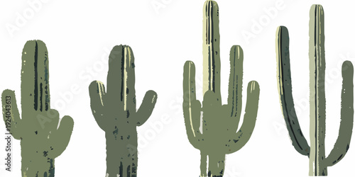 Stylized illustration of several saguaro and prickly pear cacti