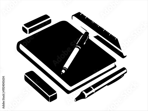 Stationery silhouettes of notebook, pens, ruler, and eraser in bold minimal design.