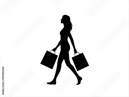 Silhouette of lady walking with shopping bags, confident stride, lifestyle retail theme