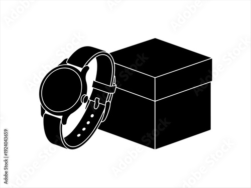 Black silhouette of wristwatch with round face and strap, placed beside rectangular box.