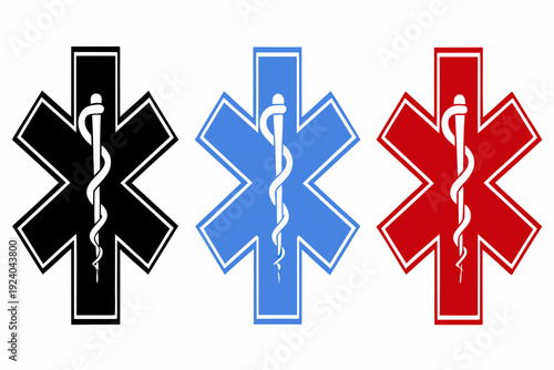 Star of life symbols in black blue and red colors displayed together