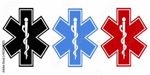 Three star of life emblems in black blue and red colors