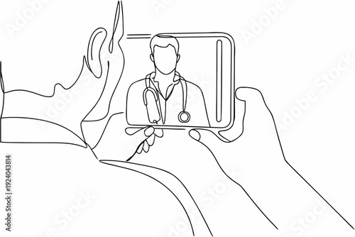 Line drawing of a telehealth consultation between doctor and patient