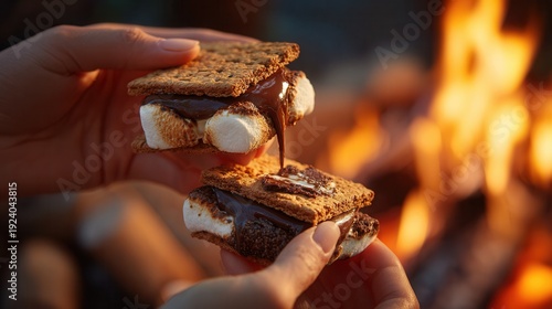 s'mores being assembled over a glowing campfire at night, chocolate melting between toasted marshmallows and graham crackers, hands delicately holding the treats