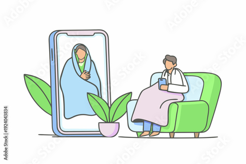Illustration of a woman video calling a man resting comfortably at home