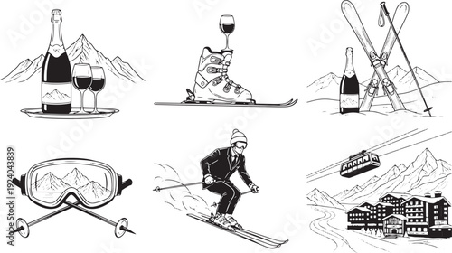 Skiing and wine illustrations in black and white