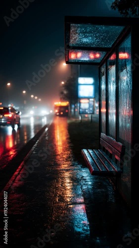 Rainy night at an empty bus stop illuminated by city lights, showcasing reflections and blurred traffic, creating a moody and atmospheric urban scene for contemplation.