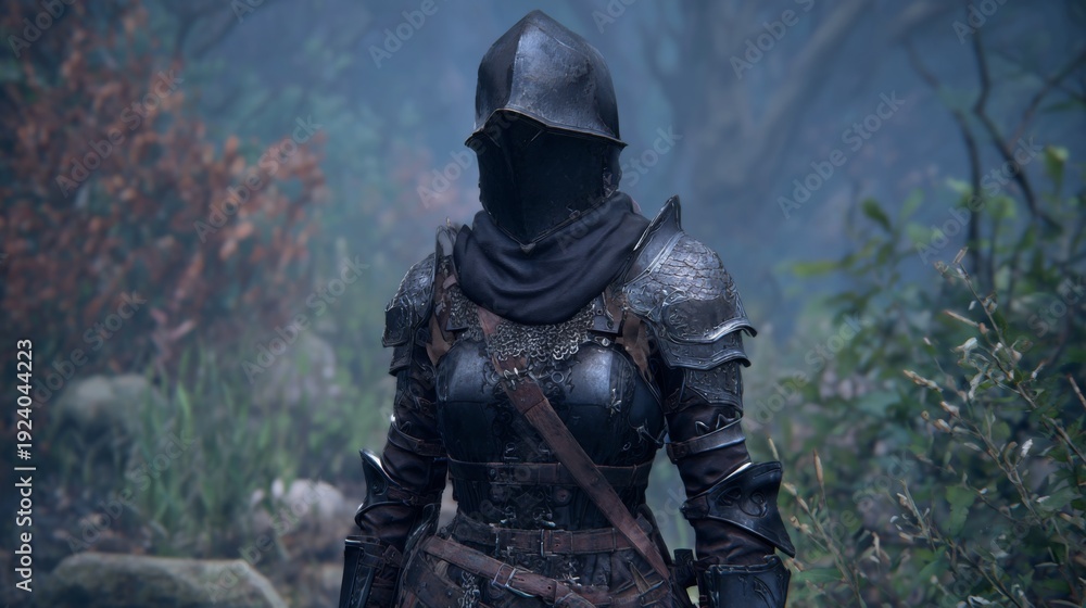 Naklejka premium Mysterious Medieval Character in Dark Armor Surrounded by a Moody Forest Environment