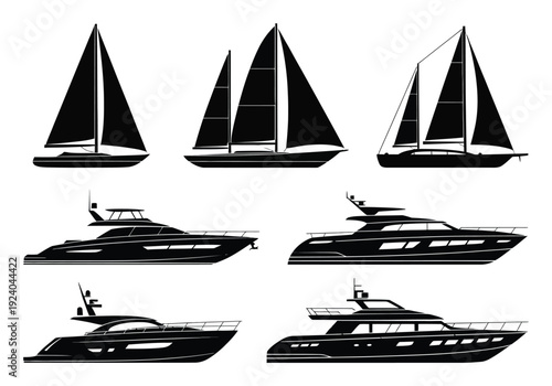 Collection of Silhouette Sailboats and Luxury Yachts