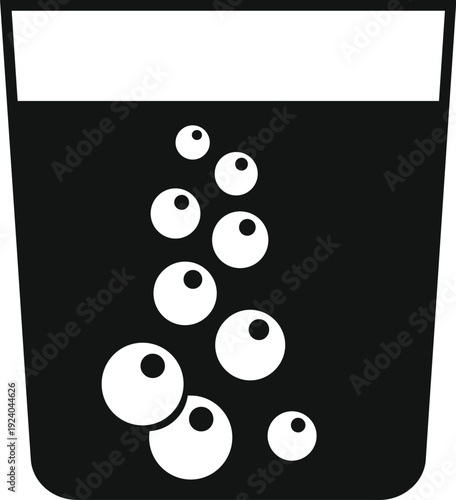 Carbonated drink in glass with rising bubbles, a black and white simple pictogram