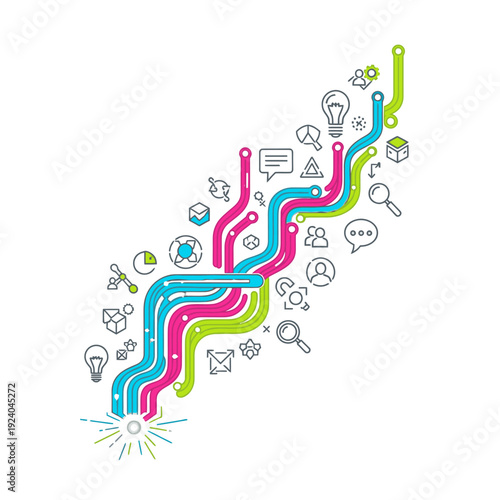 Abstract colorful lines and icons representing data flow, business growth, and technological innovation on a white background