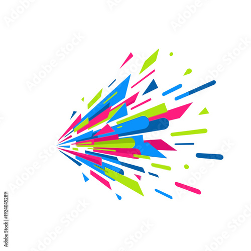Explosion of vibrant abstract geometric shapes and lines in bright colors, dynamic motion effect, white background