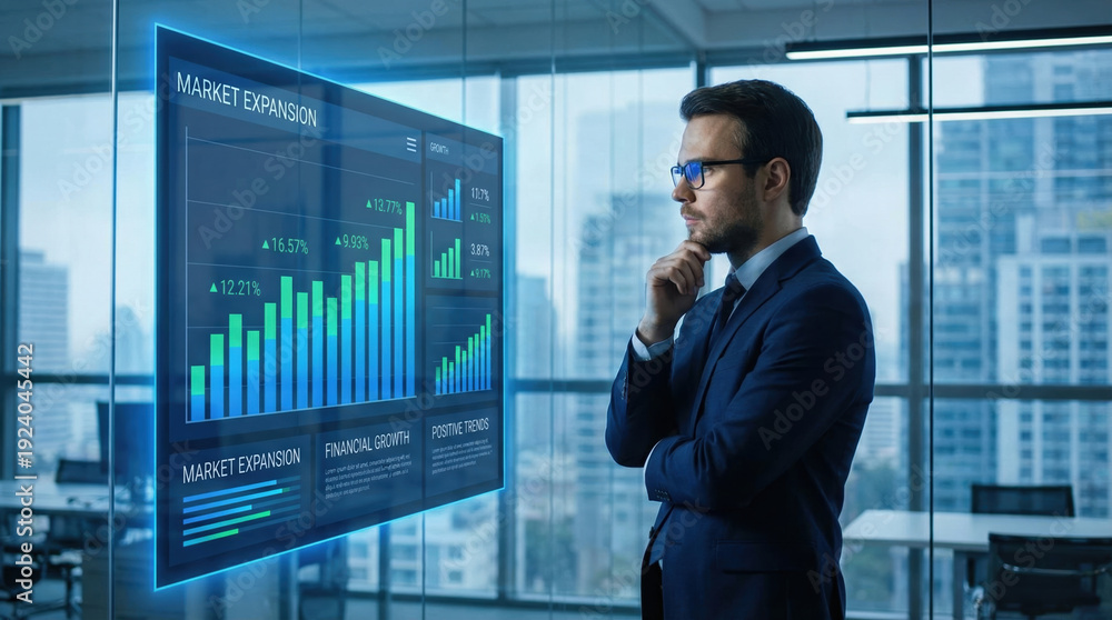 Fototapeta premium Thoughtful businessman analyzing financial data on futuristic holographic screen. manager in modern office reviews chart showing corporate growth and strategy success