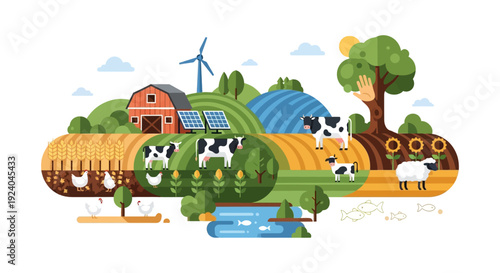 Sustainable Farm Ecosystem Illustration with Livestock, Crops, Solar Panels, and Wind Turbine