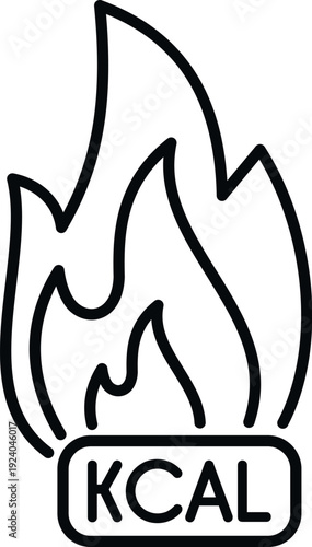Outlined fire icon with kcal representing calorie burning and energy for diet