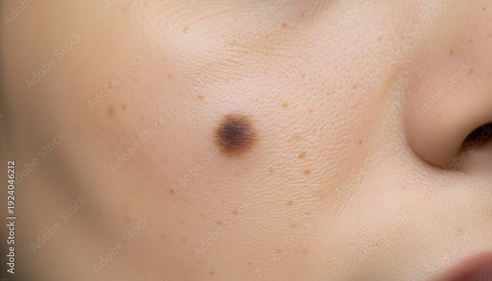 Fototapeta premium Close-up detailed view of a dark skin spot on a human cheek, presenting the hyperpigmentation concept for dermatology and skin health awareness
