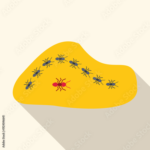 Red ant leading a line of black ants representing teamwork and individuality
