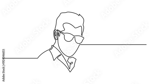 Continuous one line drawing of man with sunglasses and beard isolated. Illustration of one line drawing of a man with glasses in profile. Editable stroke