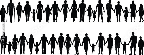 PrintUnity silhouettes, diverse people holding hands, family togetherness, community bond, inclusivity concept, social connection, teamwork spirit, human diversity, friendship, support