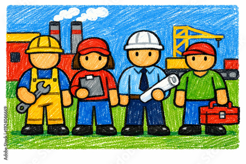 Diverse team of workers in hard hats and uniforms standing in front of industrial buildings