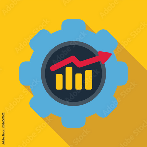 Gear icon showing rising bar charts and a fluctuating arrow on a yellow background
