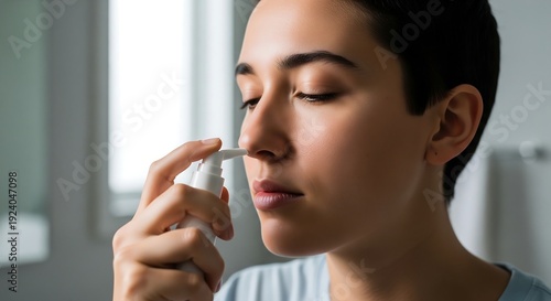 A young person with short dark hair sprays nasal spray into their nostril with their eyes closed.
