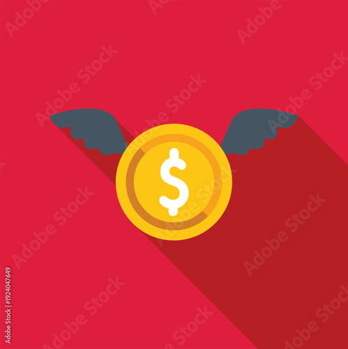 Golden dollar coin with dark wings flying on a red background with long shadow