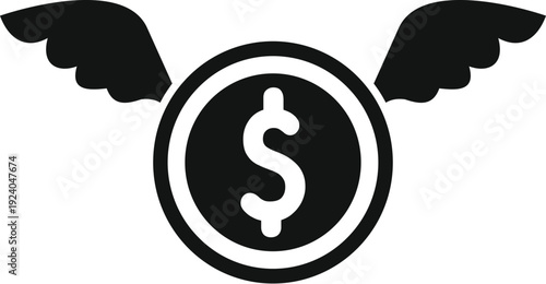 Dollar coin with wings flying, representing financial loss, spending, and rapid money movement