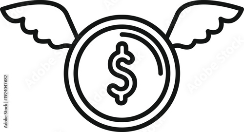 Dollar coin with flying wings representing financial loss or outgoing expenses