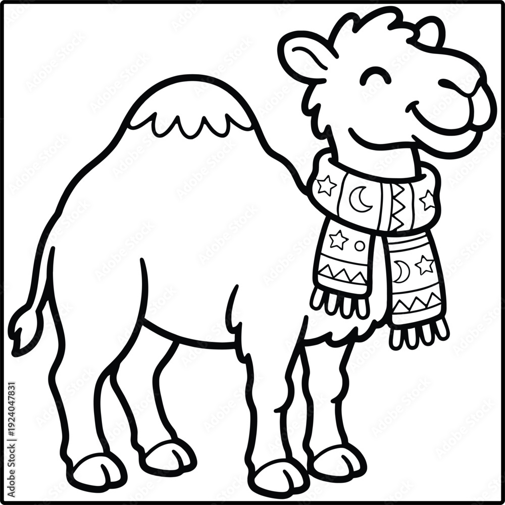 Fototapeta premium Ramadan sheep mascot holding lantern vector illustration, flat design coloring page for kids and adults