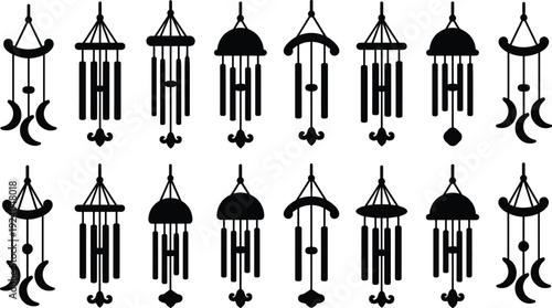 Collection of decorative wind chime silhouettes isolated on white background, black hanging garden chimes set for outdoor decor, meditation, and relaxation design