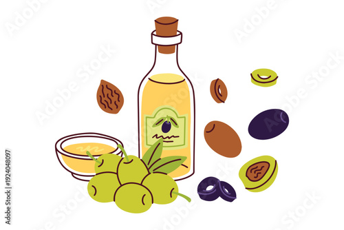 One glass bottle of olive oil surrounded by various green, black, and brown olives, whole and sliced. Perfect for recipe cards, food packaging, and healthy lifestyle marketing.