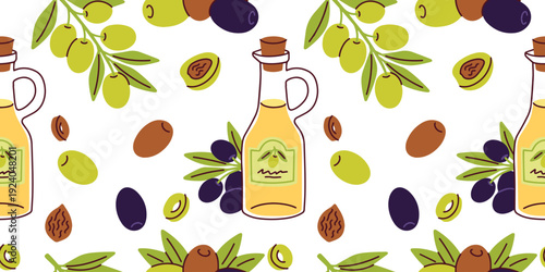 Seamless pattern featuring olive oil bottles, branches with green fruit, and mixed loose olives. Versatile design for gift wrap, kitchen wallpaper, and food branding.