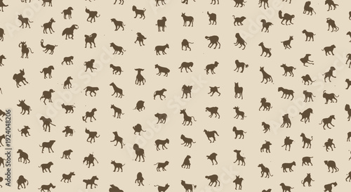 Seamless pattern of diverse animal silhouettes on a beige background.