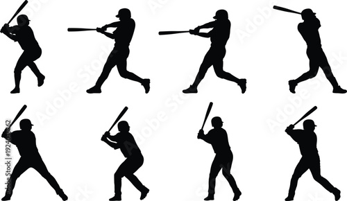 Set of baseball player silhouettes swinging bat, professional batter poses isolated on white background, sport action collection for team, league, and training design