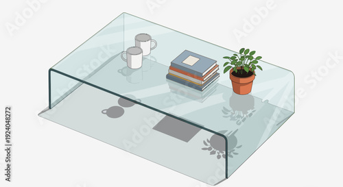 Modern Glass Coffee Table with Books and Plant Illustration