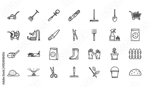 Garden and Yard Maintenance Tools Thin Line Icon Set Pixel Perfect Landscaping Vector Collection